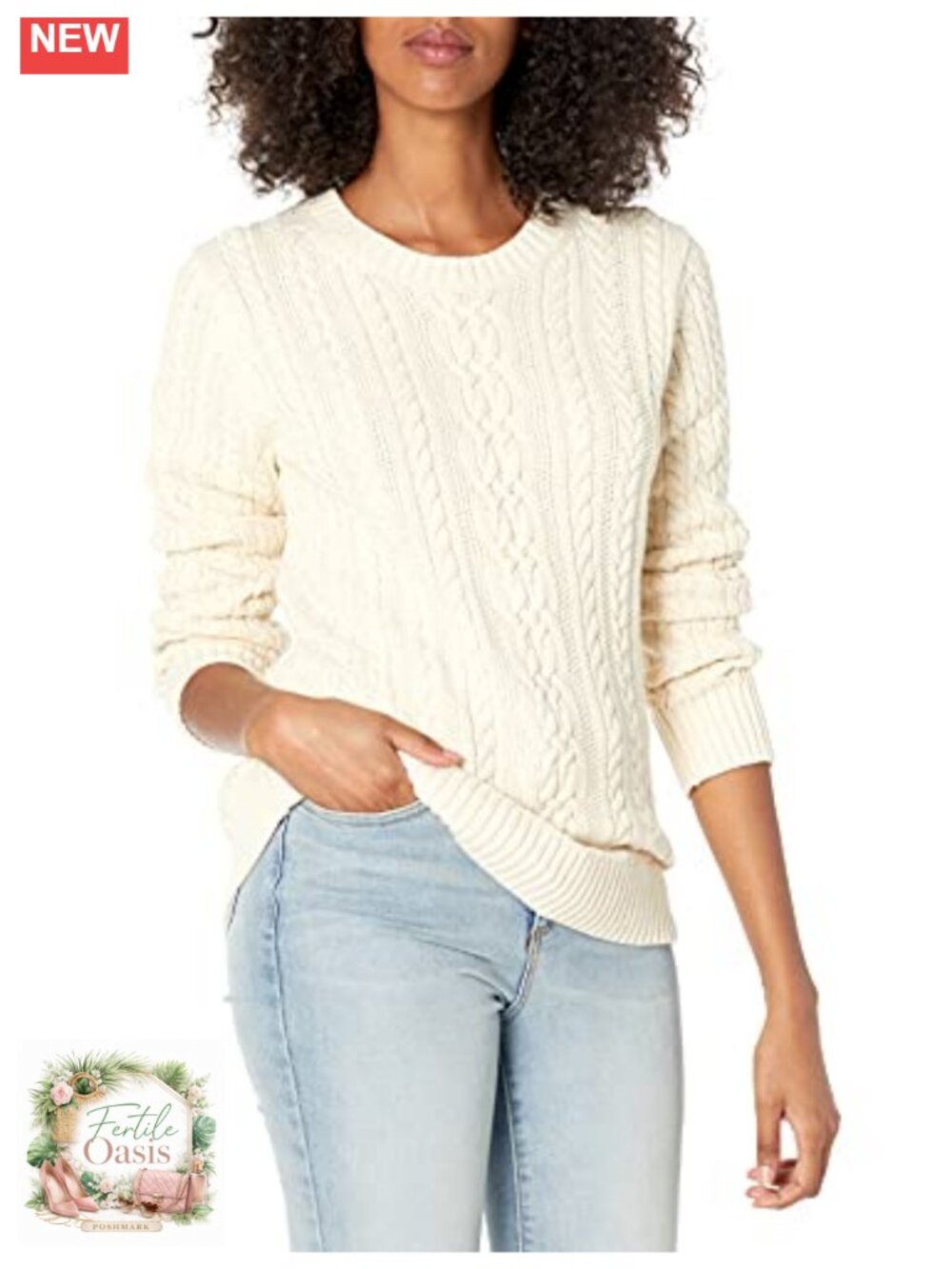 Women's Cotton Cable Knit Crewneck Pullover Sweater